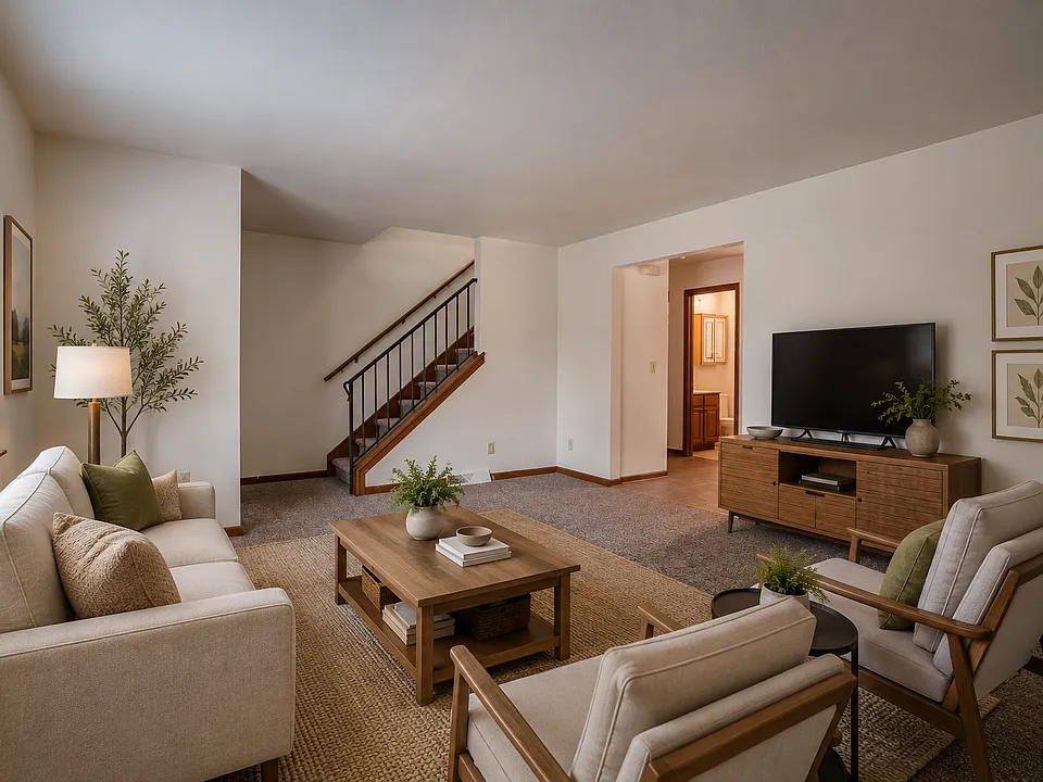 Main floor living room, virtually staged