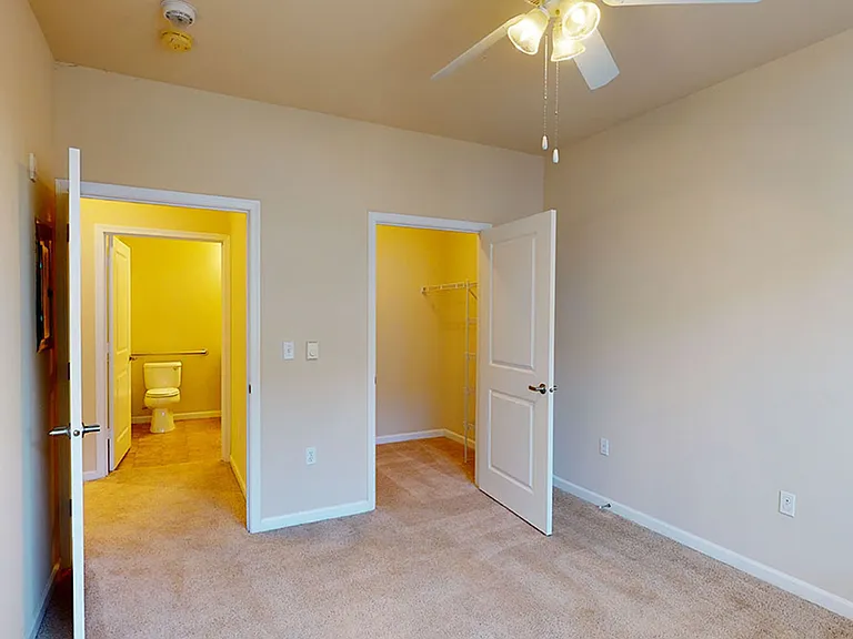 Spacious apartment bedroom with large closet and plush carpet flooring.
