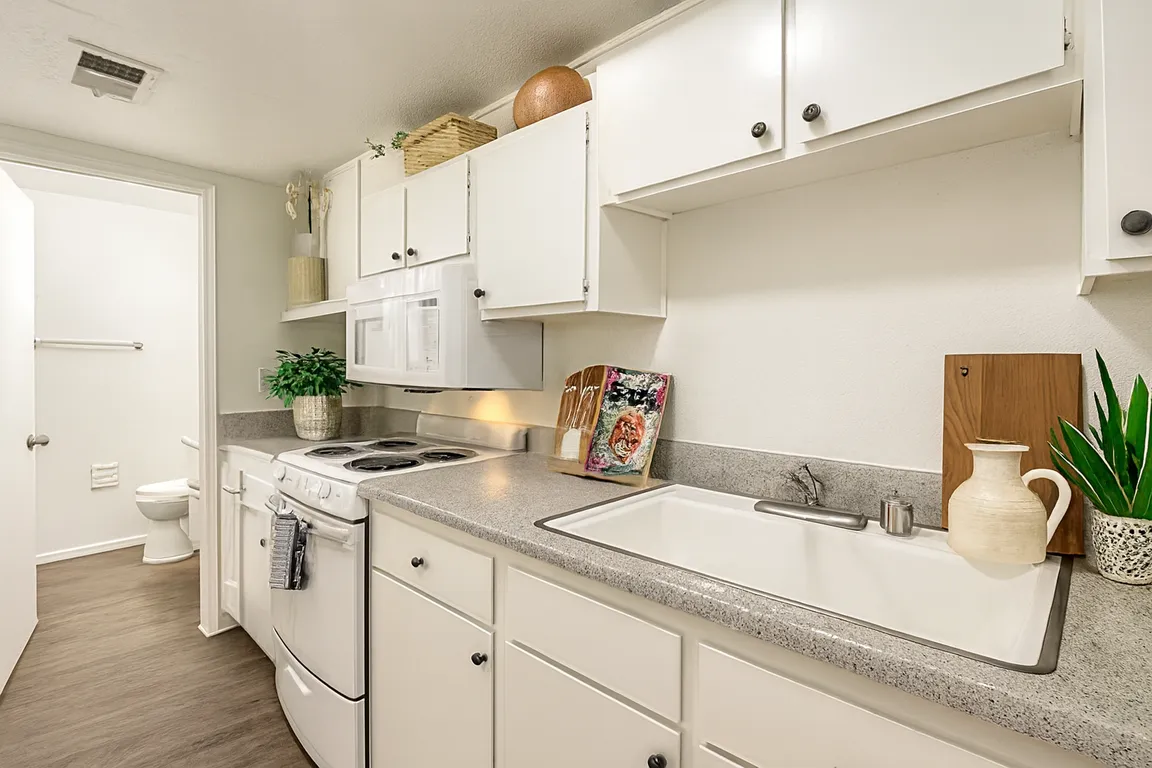 Bright galley kitchen with white cabinetry, speckled countertops, and dark wood-look flooring. Offers ample storage, modern appliances, and a clean layout with space for cooking essentials and personal touches. Convenient access to adjacent bath.