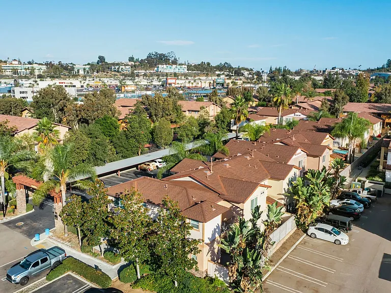 Aerial view of enterance to The Niines Townhomes in Escondido, California.
