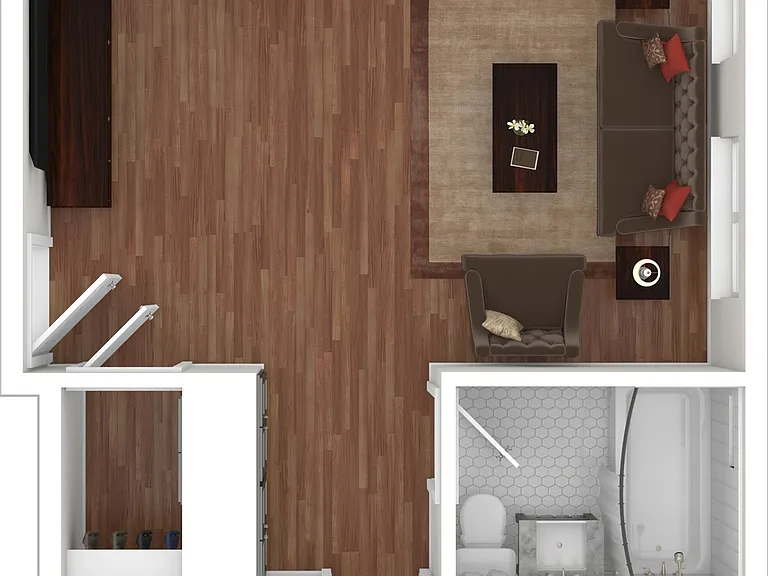 3D Furnished Rendering of 1-Bedroom Floor Plan 3D Furnished Rendering of 1-Bedroom Floor Plan