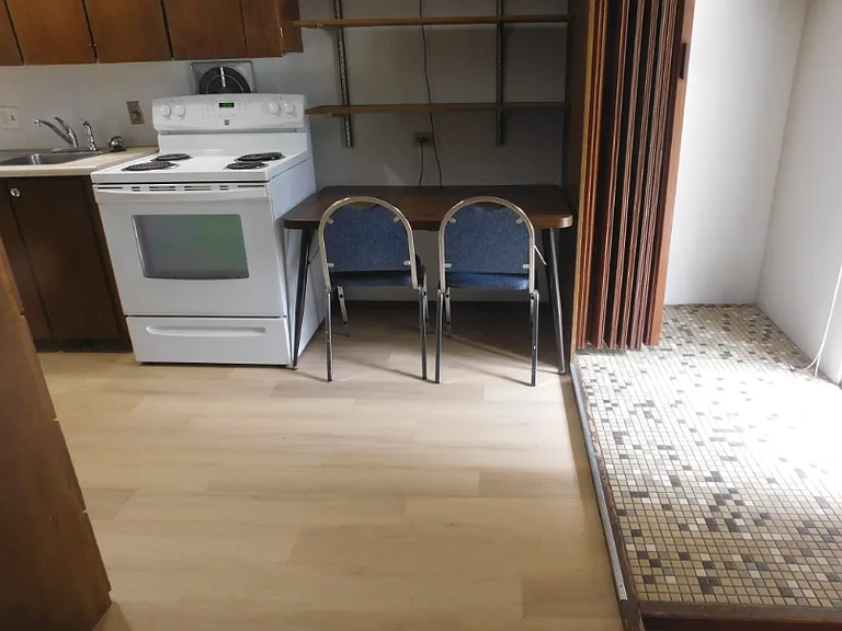 Beautiful new wood look flooring is a sleek contrast to Japanese tile at the entry.