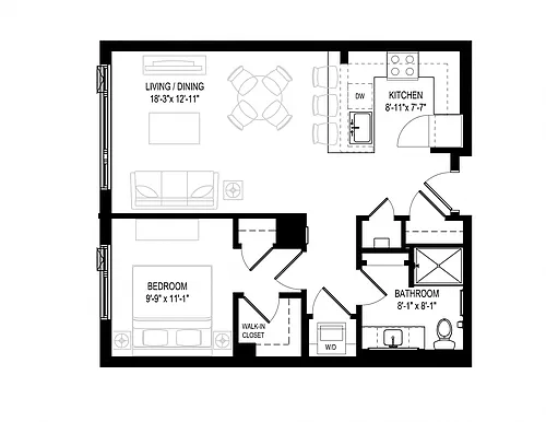 Floor plan 1 Bed/1 Bath-1A