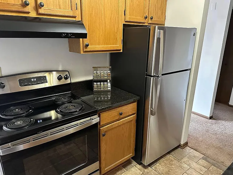 Black granite countertops with stainless steele appliances, Apt 200