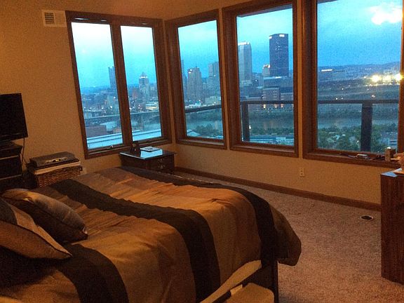 Master bedroom looking into city