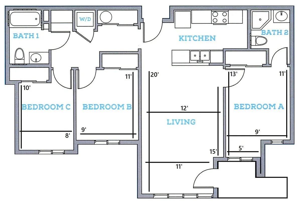 Floor plan 3BR/2BA - B