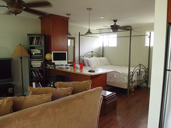 Studio showing bed and living area.