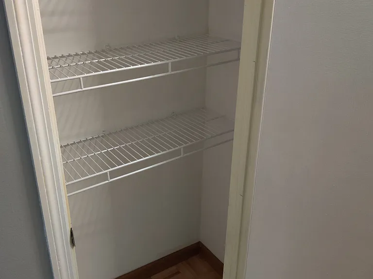 Hall closet with solid wood floor.