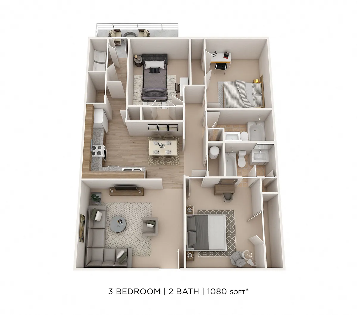 Floor plan Three Bedroom 2 Bath - Waters Edge - 1,080 sqft
