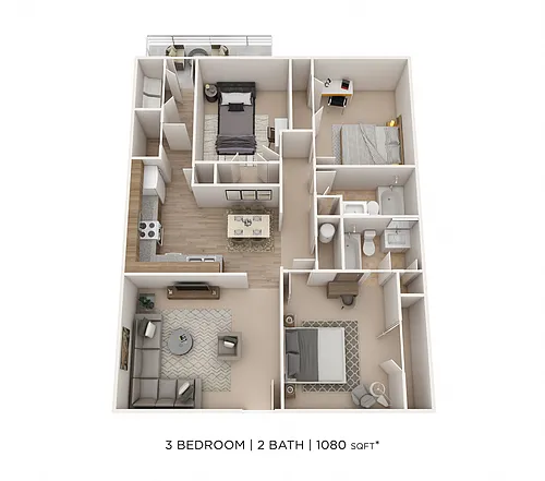 Floor plan Three Bedroom 2 Bath - Waters Edge - 1,080 sqft