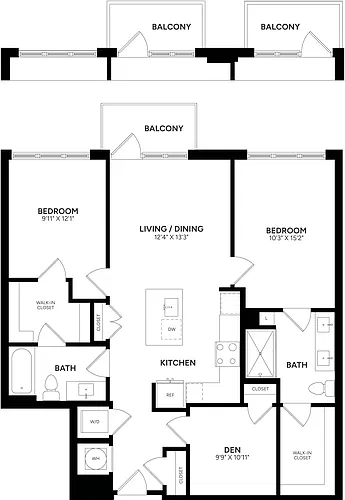 Floor plan 2 Bed/ 2 Bath Den-D01
