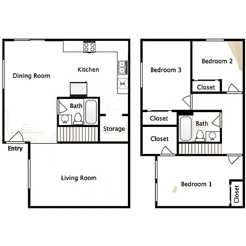 Floor plan Three Bedroom Two Bathroom Townhome