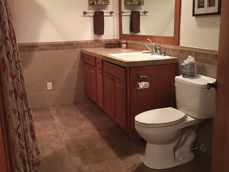 Large bathroom with shower and full size washer and dryer.