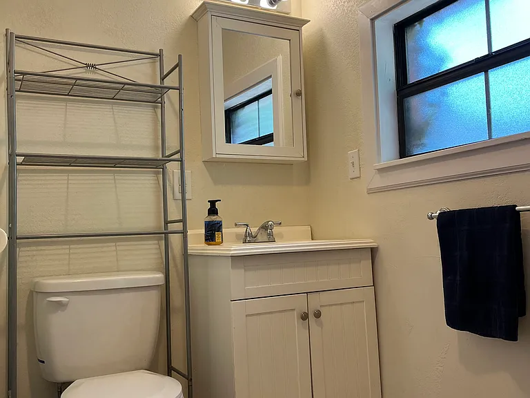 Bathroom has overhead ceiling light and vanity light over the sink.