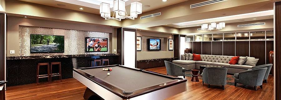 Resident lounge with billiards, flat screen televisions and seating