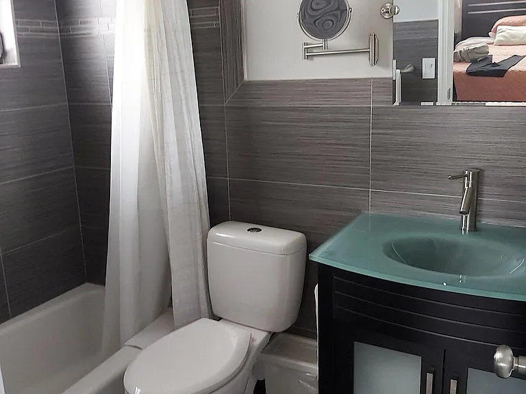 Bathroom with two glass mirrors.