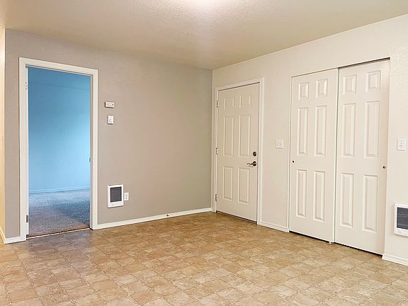 Front door with bedroom on left and large coat closet to right.