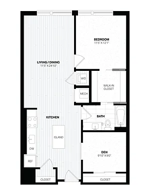 Floor plan 1 Bed/1 Bath Den-D2.1