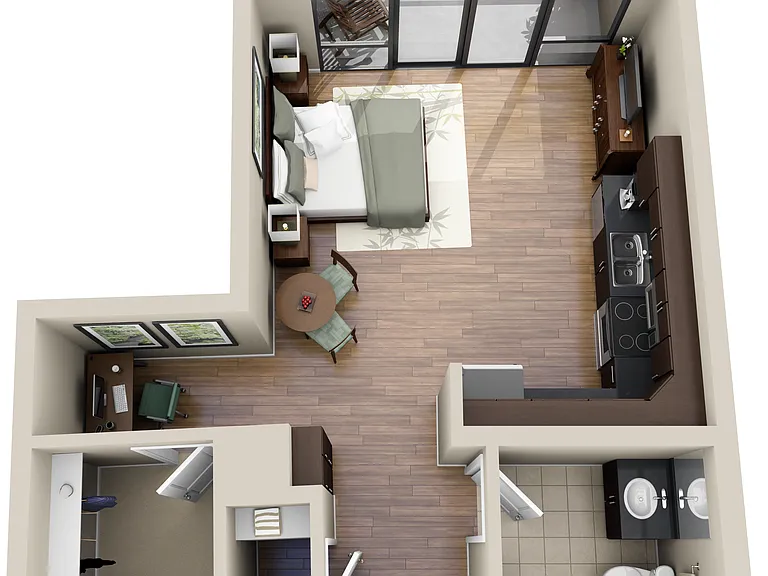 549 square foot studio apartment with 1 bath luxury vinyl tile floors and private balcony