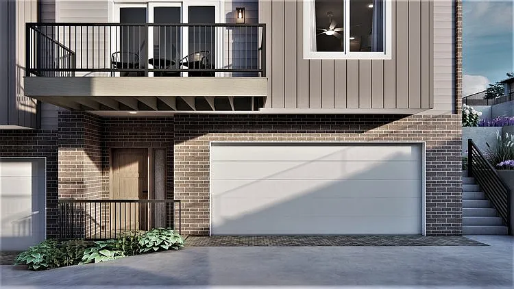 Front entrance, garage and balcony rendering.