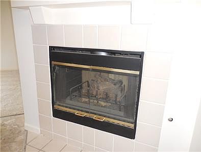 Here's the other side of the fireplace in the Kitchen with tile surround and glass doors