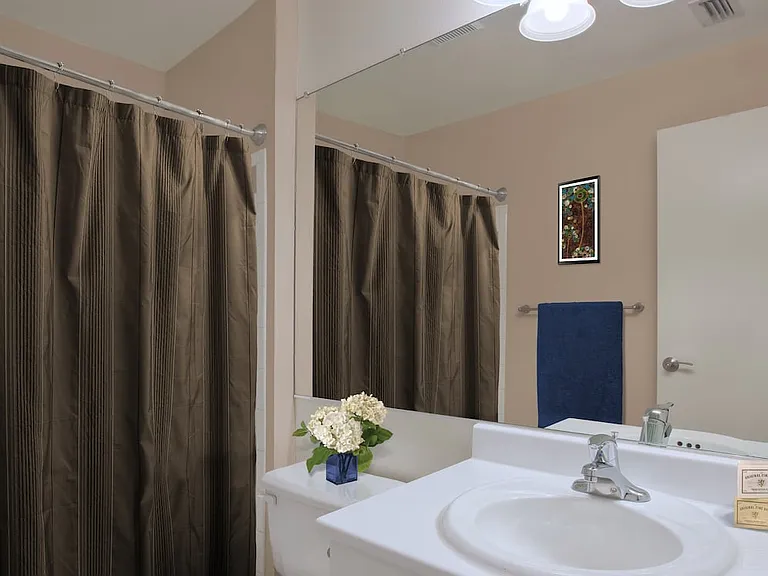 Classic Package bath with white cabinetry, laminate countertops, and hard surface flooring