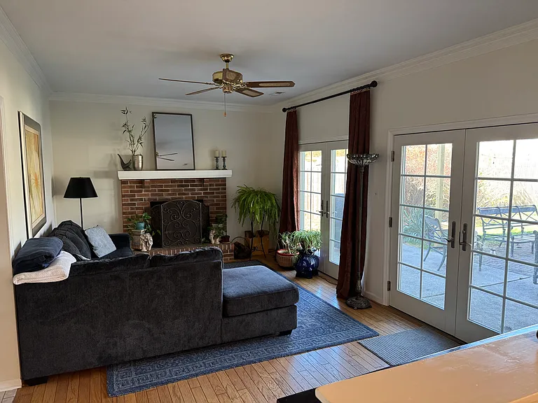 working fireplace, double lock new French doors