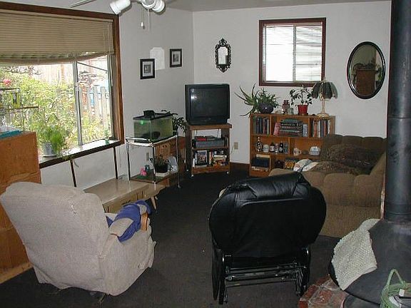 Family room with wood stove