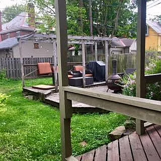 Fenced backyard with deck.