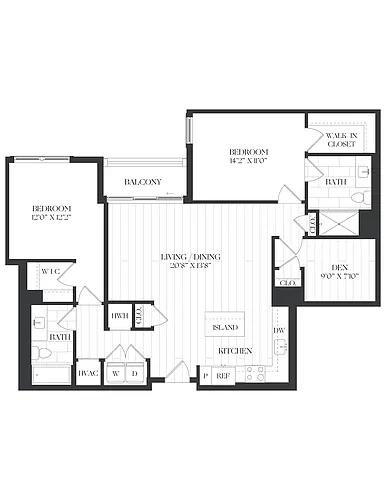 Floor plan 2 Bed/ 2 Bath Den-2D-2-The Barrett