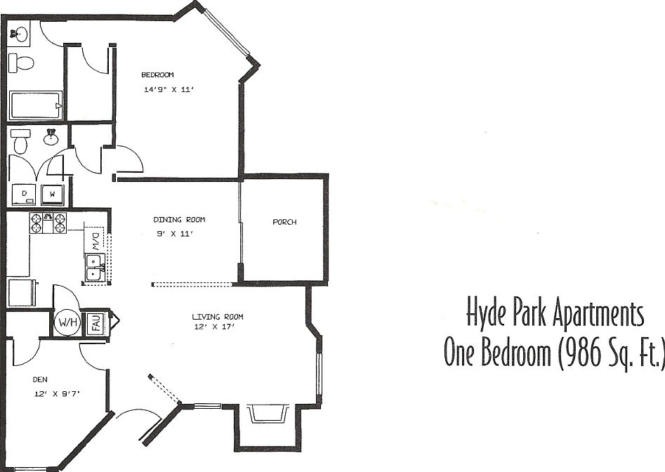 Hyde Park 1 Bedroom 1.5 Bath Floorplan