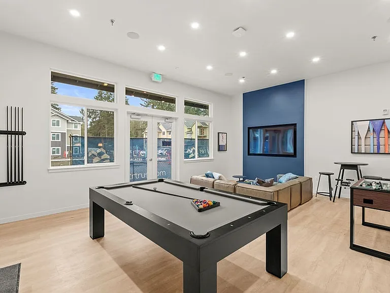 Enjoy our expansive clubroom with comfortable seating centered around a blazing fireplace, wall-mounted TV, and a pool table for added enjoyment.