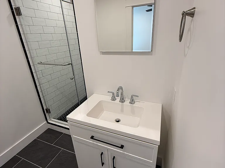 VIEW OF SHOWER, VANITY AND MEDICINE CABINET