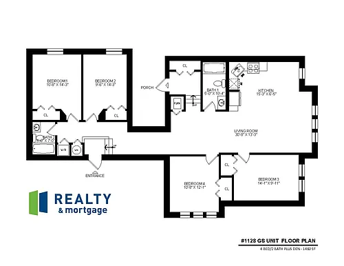 Floor plan Four Bed / Two Bath 1128 GS