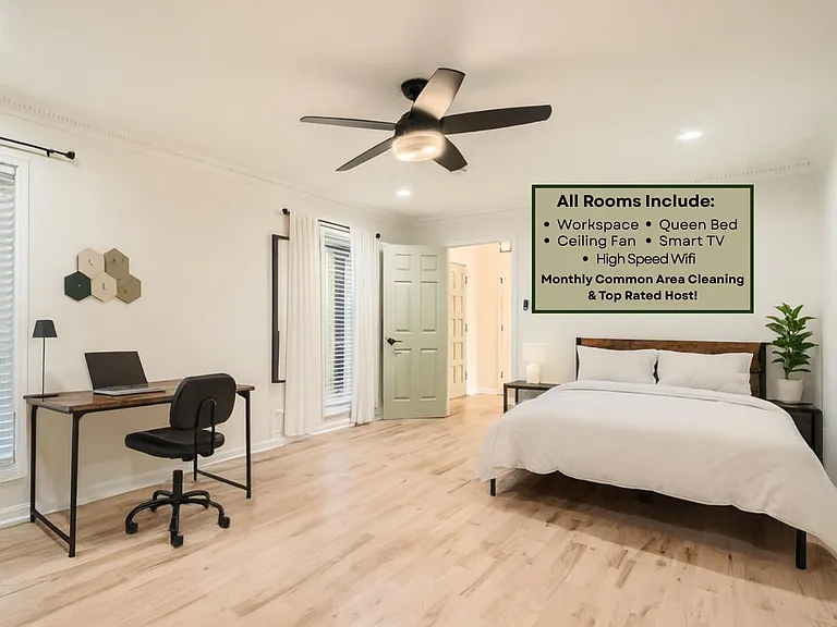 Room includes bed, desk, Smart TV, workspace and clothing storage. Linens are not provided.