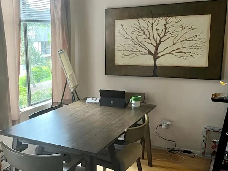 dining room very bright and sunny include blinds and curtains.