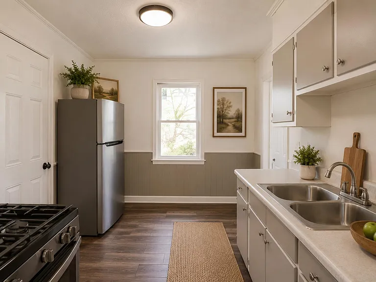 Efficient kitchen with ample cabinetry, double-basin sink, gas range, full-size fridge, and a window for natural light.