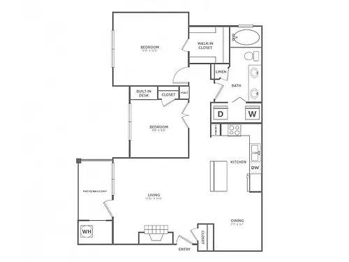 Floor plan Two Bedroom One Bath (954 SF)