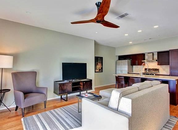 Kitchen open to living room - light and bright.
