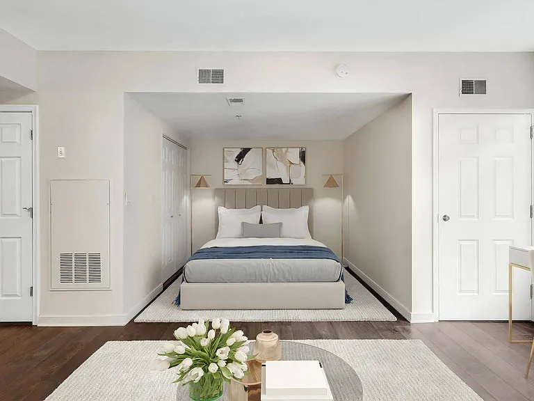 Studio Apartment With Dedicated Sleeping Area and Two Closet Doors