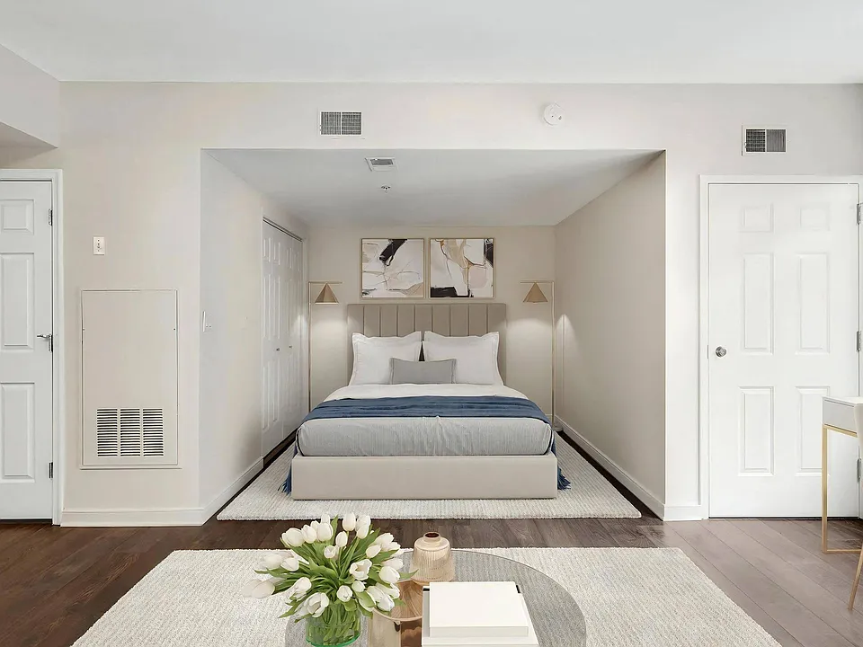 Studio Apartment With Dedicated Sleeping Area and Two Closet Doors