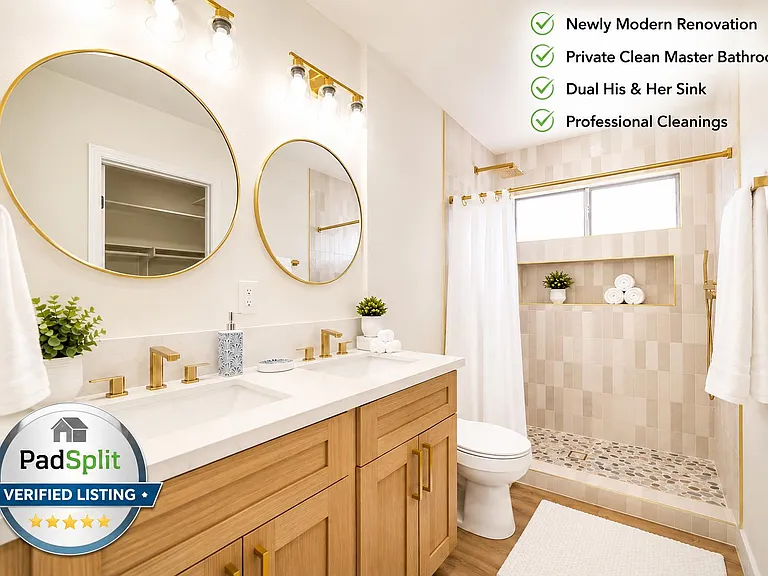 Renovated bathroom with dual-sink vanity, ample storage, and a walk-in shower with built-in niche and window.