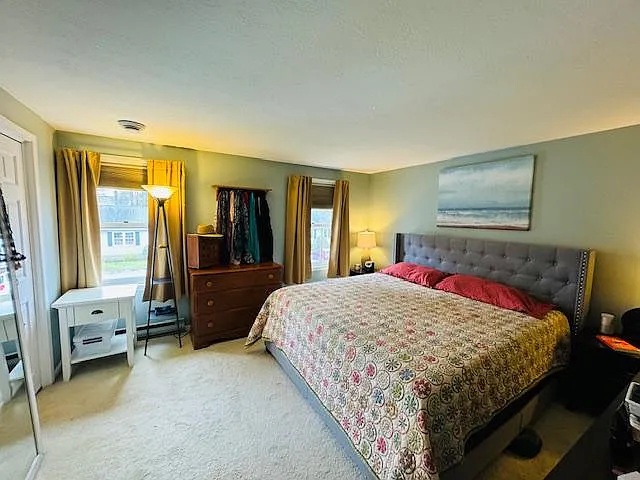 Large bedroom, pictured with king-size bed. Two closets, one is a walk-in closet.