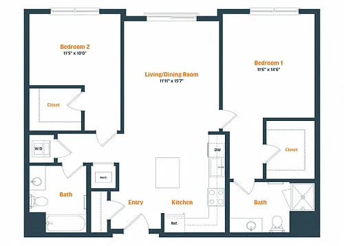 Floor plan B1 | 2 Bed | 2 Bath