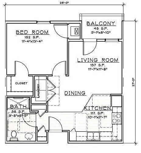 Floor plan 1 Bedroom/1 Bath