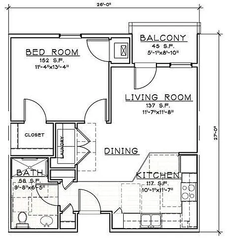 Floor plan 1 Bedroom/1 Bath