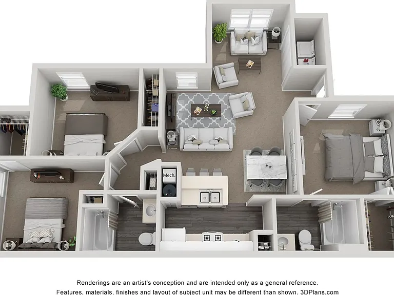 A 3D rendering of The Magnolia floor plan, our 3 bedroom 2 bathroom floor plan.