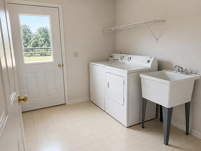 Huge laundry room with sink has access to backyard