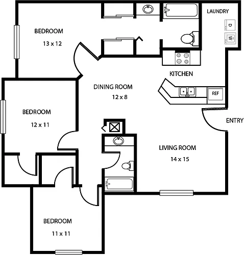 Floor plan Three Bedroom Two Bathroom 50%