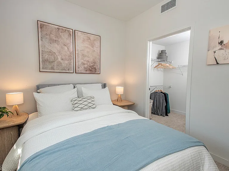 Cozy bedroom with plush bedding, soft lighting, and a spacious walk-in closet.